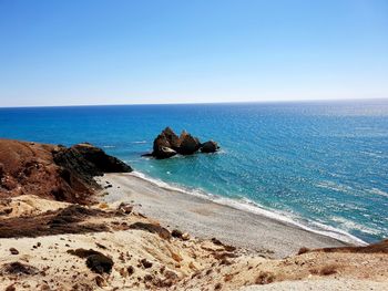 Scenic view of sea against clear blue sky