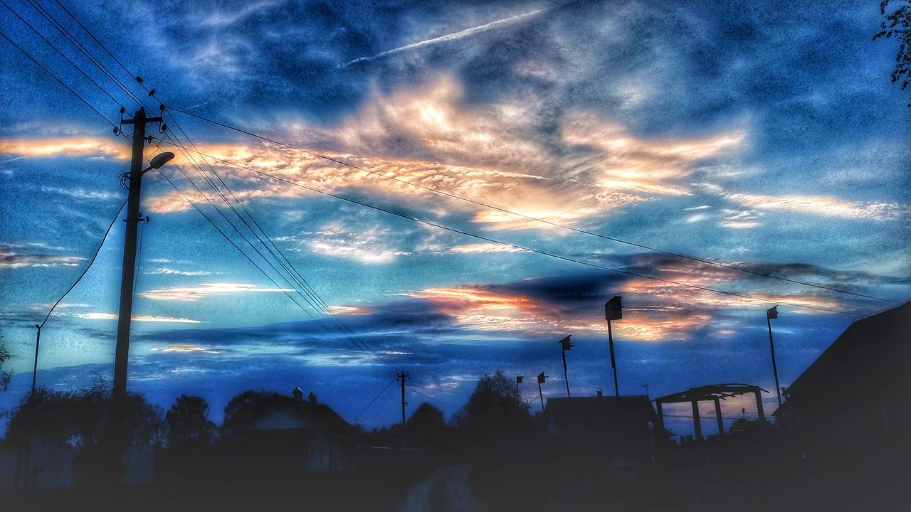 cable, sky, cloud - sky, power line, power supply, electricity, electricity pylon, silhouette, connection, fuel and power generation, low angle view, sunset, no people, technology, outdoors, nature, telephone line, beauty in nature, day