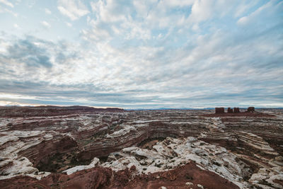 Wide angle view of the utah desert canyon formations at the maze