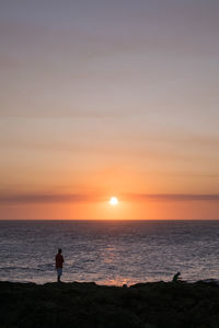 Silhouette man walking at beach against sky during sunset