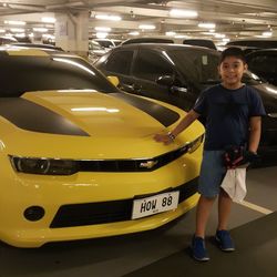 Portrait of boy standing in car