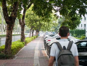 Rear view of man on street in city