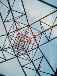 Directly below shot of electricity pylon against sky