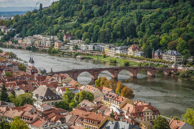 High angle view of bridge over river in town