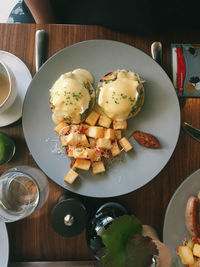 High angle view of breakfast served on table