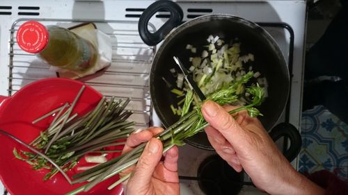 Cropped hand of person cutting vegetables