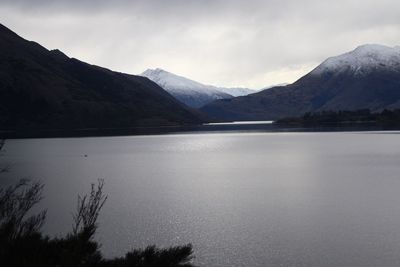 Scenic view of lake and mountains against sky