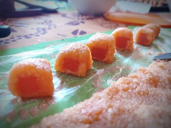Close-up of ice cream served on table