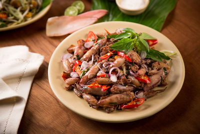 High angle view of food in plate on table