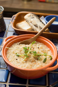 High angle view of soup in bowl