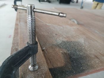 High angle view of faucet on table