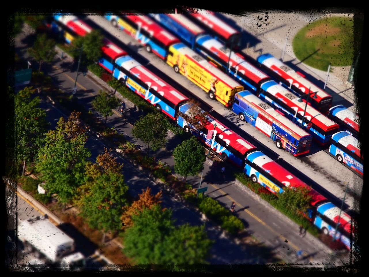 transfer print, auto post production filter, high angle view, multi colored, car, transportation, variation, land vehicle, abundance, large group of objects, mode of transport, in a row, street, no people, road, tree, day, outdoors, colorful, elevated view