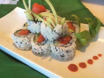 Close-up of sushi served in plate