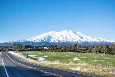 Scenic view of snowcapped mountains against clear blue sky