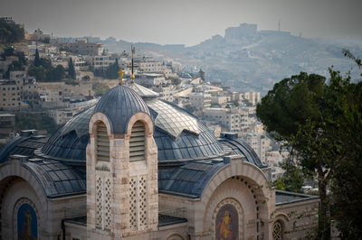 High angle view of buildings in town