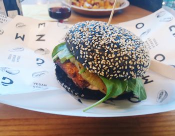 High angle view of food in plate on table