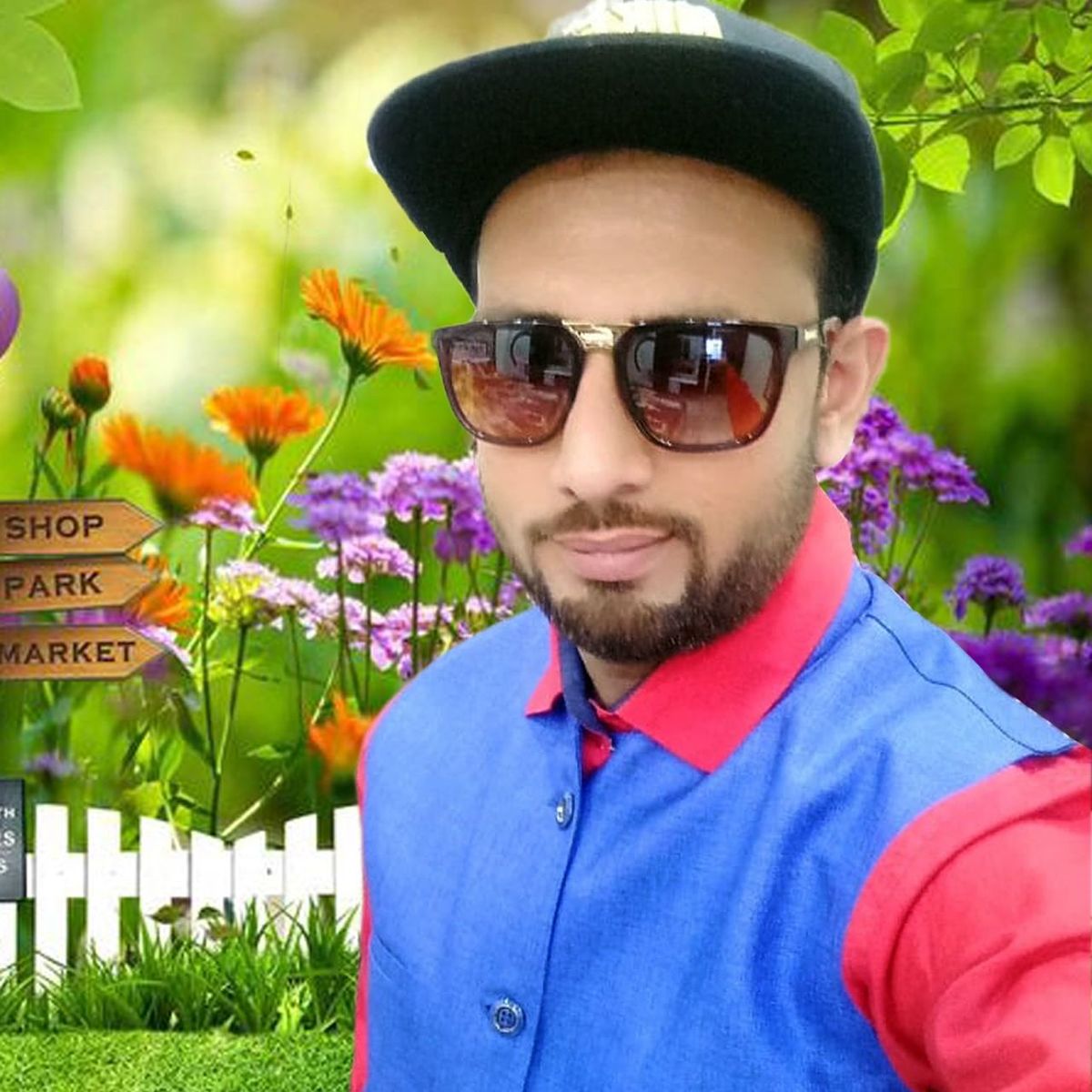 glasses, sunglasses, fashion, flower, portrait, one person, flowering plant, hat, plant, young adult, smiling, beard, headshot, young men, looking at camera, beautiful people, day, nature, front view, outdoors