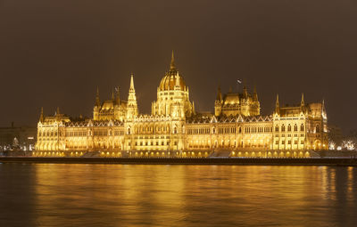 The parliament building in budapest illuminated on a snowy evening