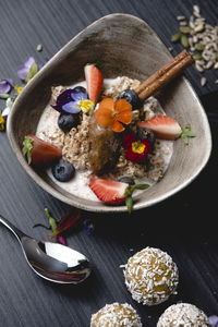 High angle view of food in bowl on table