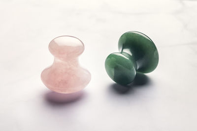 High angle view of eggs in glass on table