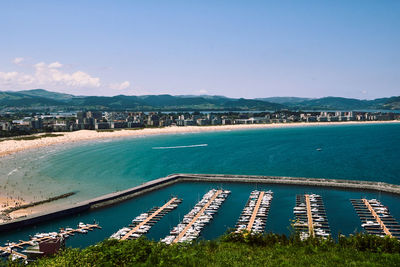 High angle view of bay against blue sky