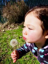 Close-up of baby girl holding flower