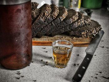 Close-up of beer glass on table