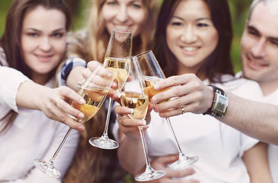 Male and female friends raising toast outdoors