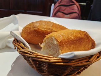 High angle view of bread in basket on table