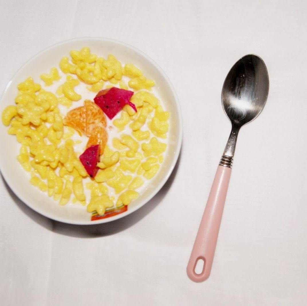 food and drink, indoors, food, freshness, still life, plate, spoon, sweet food, table, directly above, ready-to-eat, indulgence, studio shot, fork, high angle view, healthy eating, bowl, white background, fruit, dessert