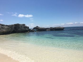 Scenic view of sea against blue sky