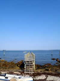 Boat at beach against clear sky