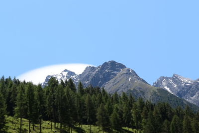 Scenic view of mountains against clear blue sky