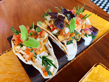 High angle view of meal served on table