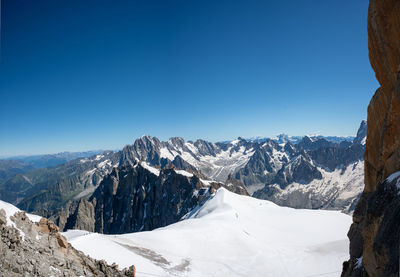 Scenic view of snowcapped mountains against clear blue sky