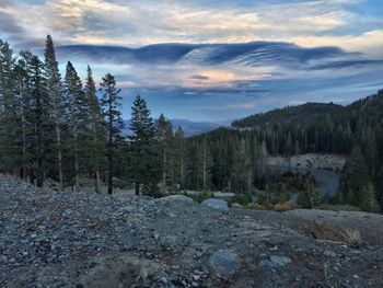 Scenic view of landscape against cloudy sky during sunset