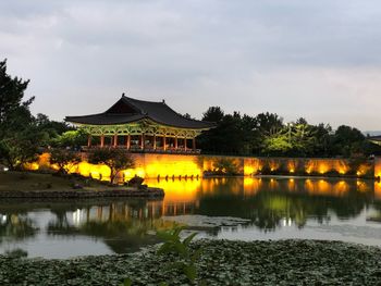 Scenic view of lake by building against sky