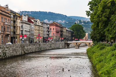 Bridge over river by buildings against sky