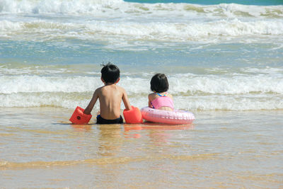 Rear view of friends on sea shore