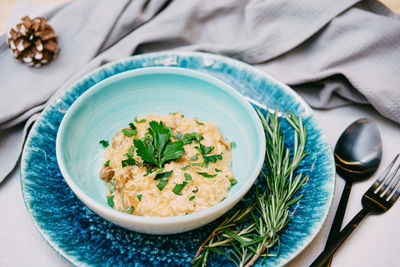 Portion of risotto with grated cheese and mushroom pieces