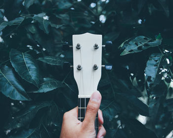 Close-up of hand playing guitar against tree