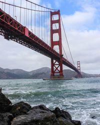 View of suspension bridge against cloudy sky