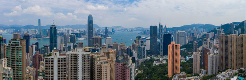 Aerial view of cityscape by bay