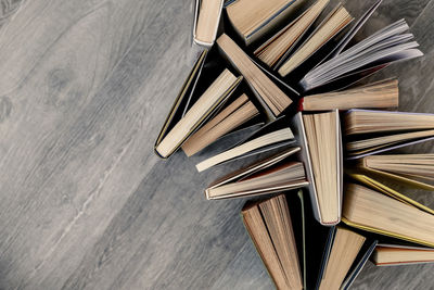 High angle view of books on table