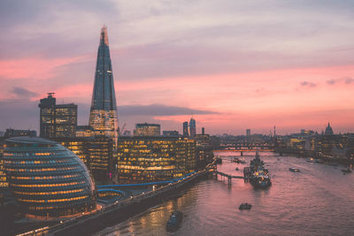 Aerial view of buildings against sky during sunset