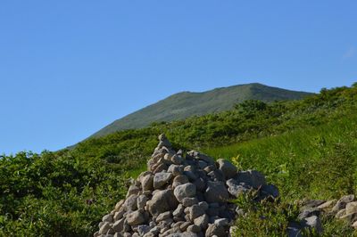 Scenic view of mountains against clear blue sky