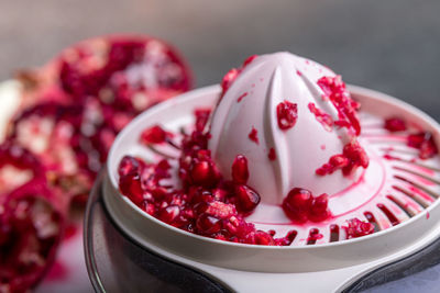 Close-up of strawberry cake in plate