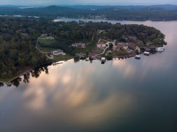 High angle view of buildings by lake