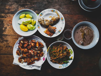 High angle view of meal served on table