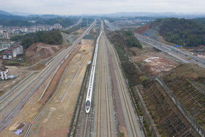 High angle view of railroad tracks in city